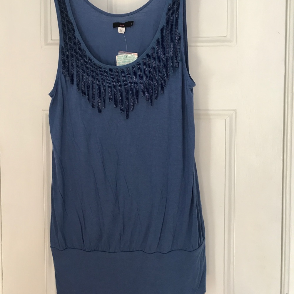 Lux Brand Beaded Cadet Blue Sleeveless Boho Top